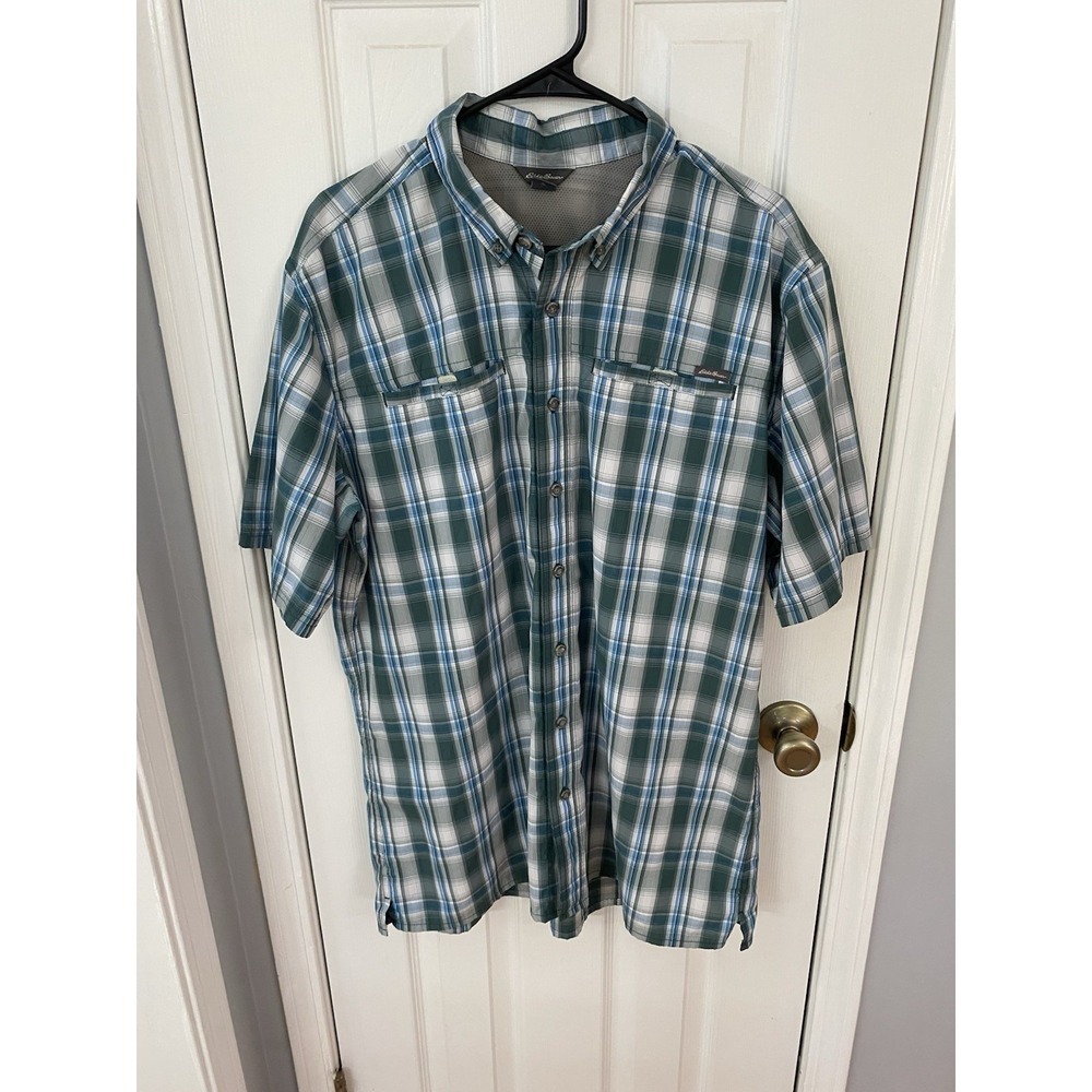 Eddie Bauer Plaid Button Up Shirt Mens TL Blue Short Sleeve Mesh Vent Hiking‎